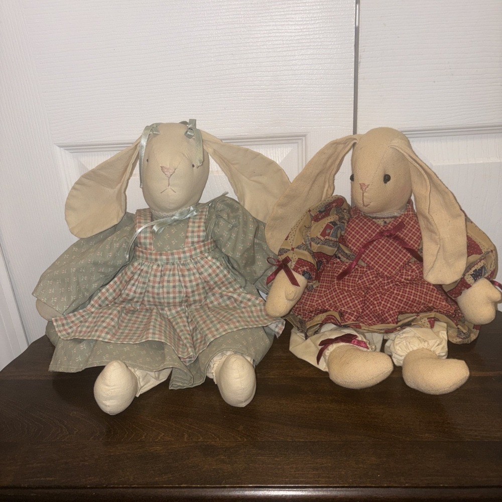 Pair of Vintage Bunny Rabbit Girls Handmade Floppy Ear Rag Dolls 1990's